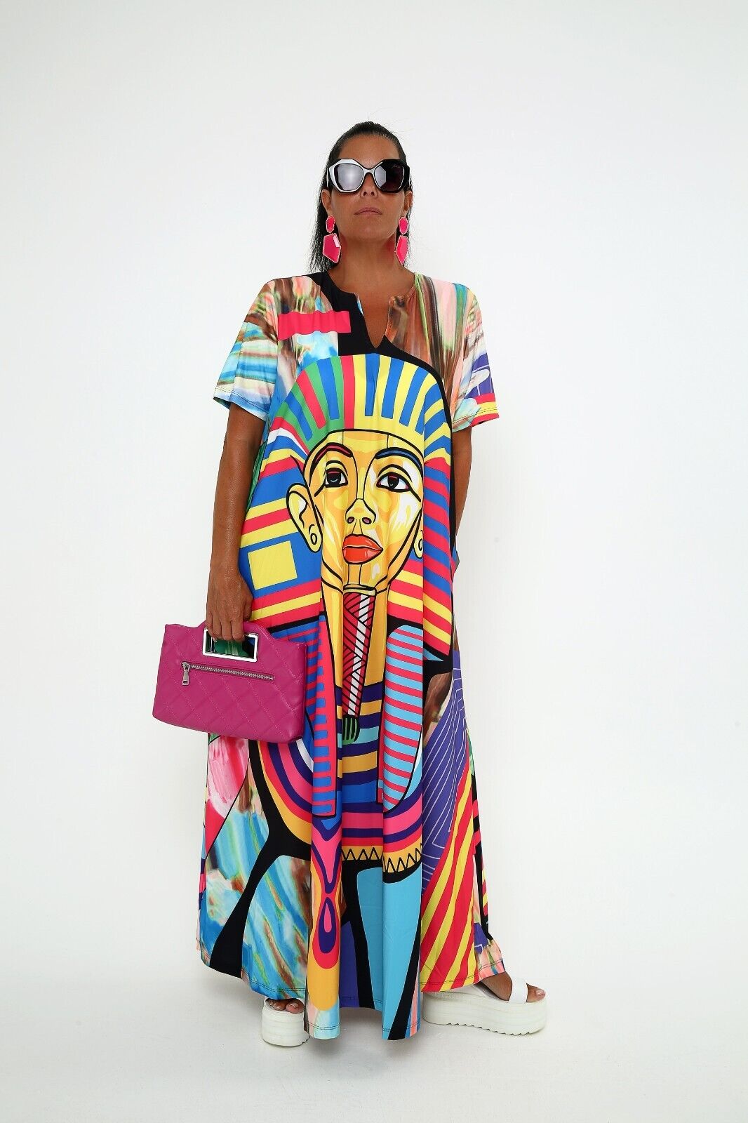 Women's Vibrant Egyptian Pharaoh Maxi Dress - Bold Colorful Print, Flowy Viscose