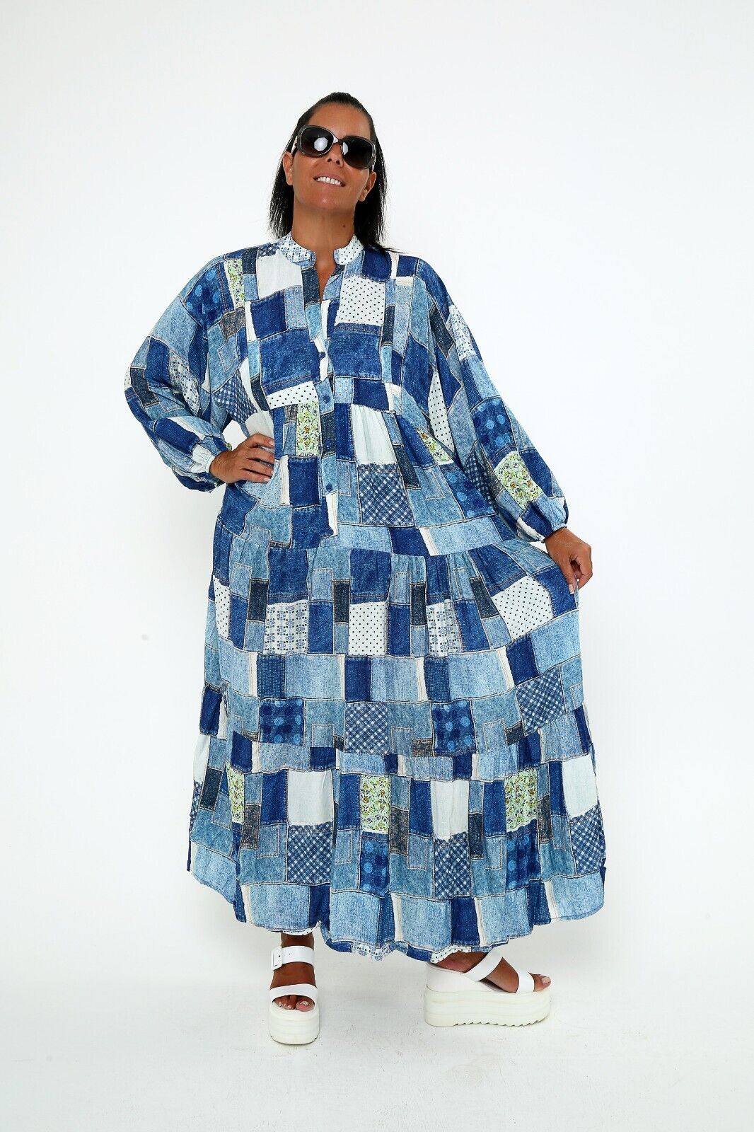 Women's Patchwork Denim-Print Maxi Dress - Boho Chic Viscose, Long Sleeve