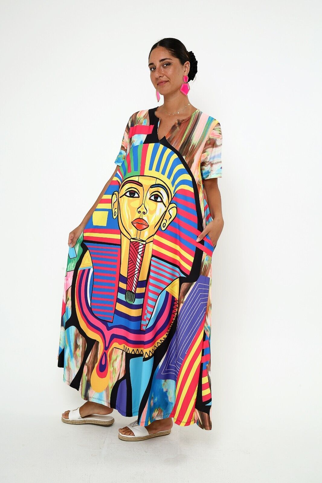 Women's Vibrant Egyptian Pharaoh Maxi Dress - Bold Colorful Print, Flowy Viscose