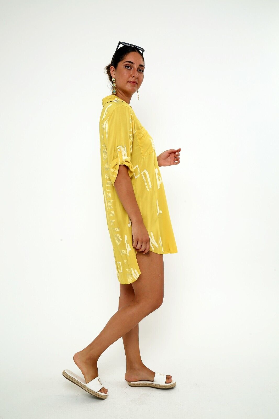 Women's Bright Yellow Button-Down Shirt Dress ,Viscose Tunic, Graphic Print