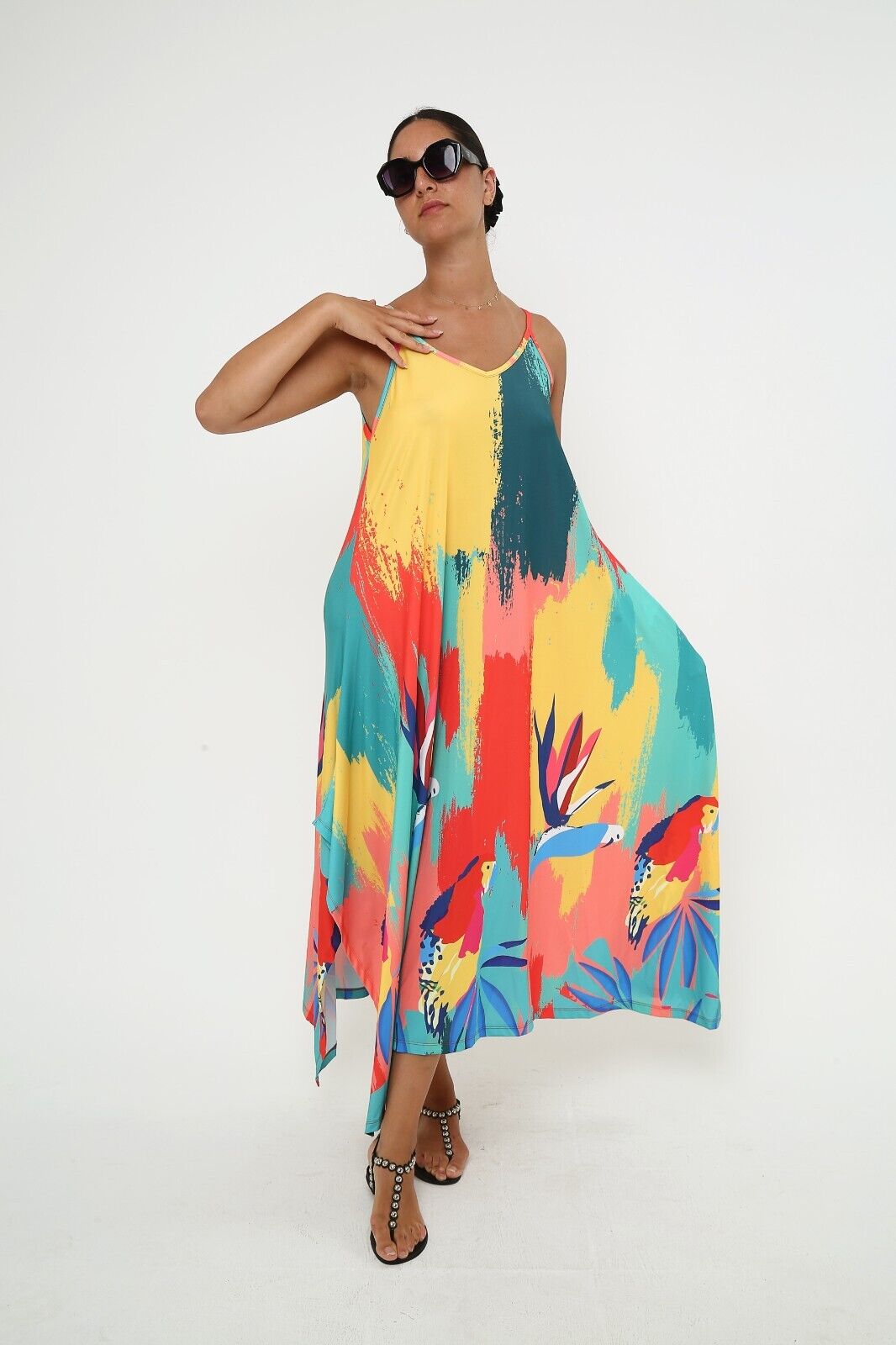 Women's Parrot Paradise Viscose Sundress Spaghetti Strap Maxi dress