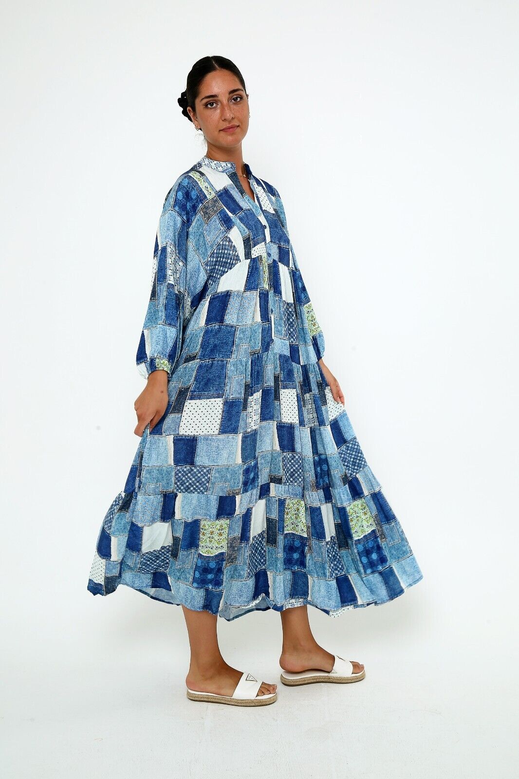 Women's Patchwork Denim-Print Maxi Dress - Boho Chic Viscose, Long Sleeve