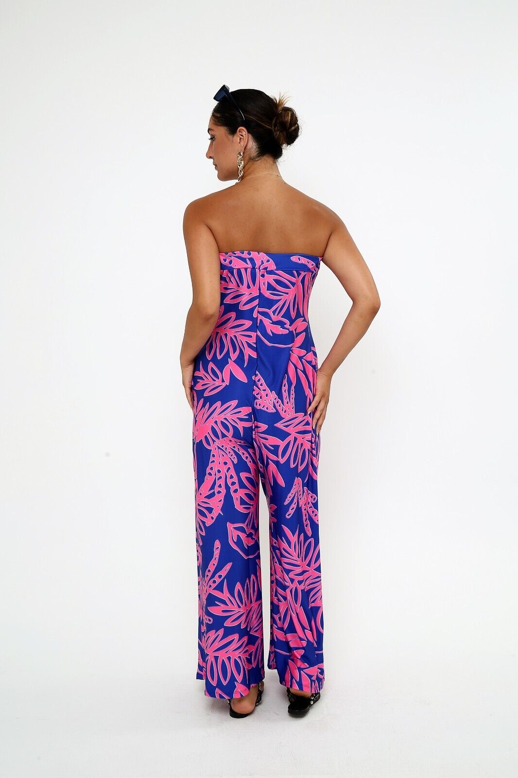 Women's Navy & Pink Tropical Print Strapless Jumpsuit - Wide-Leg Viscose