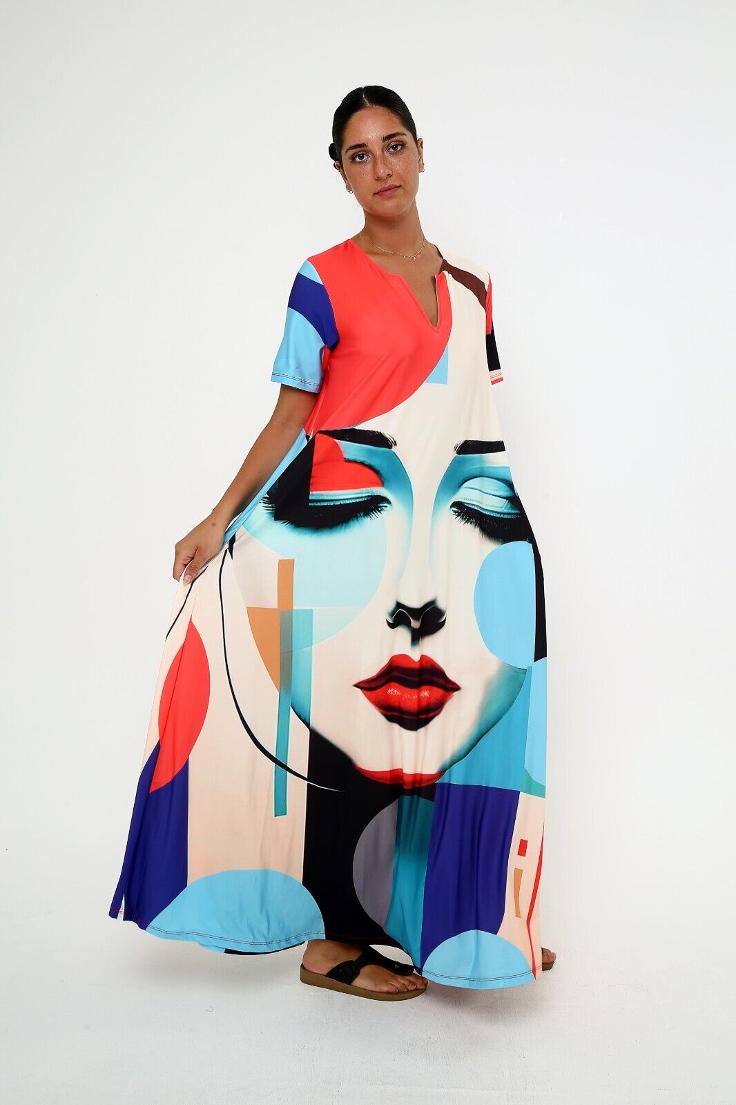 Women's Abstract Art Face Half Sleeve Maxi Dress With Pocket