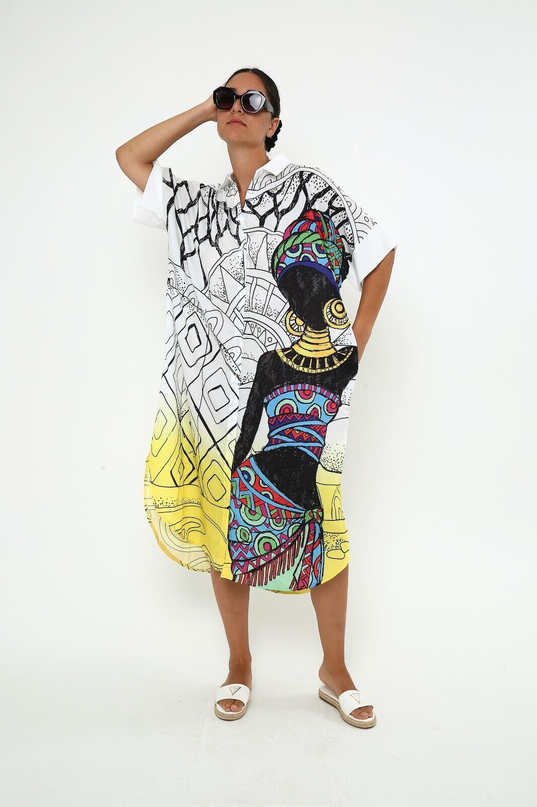 Women's Abstract African Art Print Shirt Dress - Oversized Viscose Kaftan