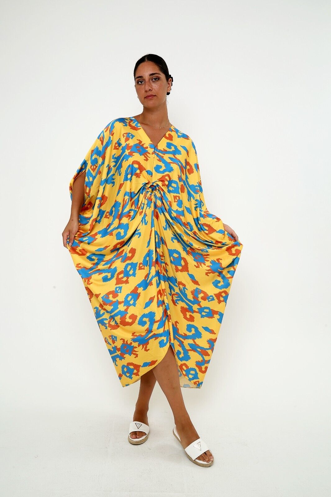 Women's Sunny Ikat Print Silk Kaftan Dress 3/4 sleeve caftan dress