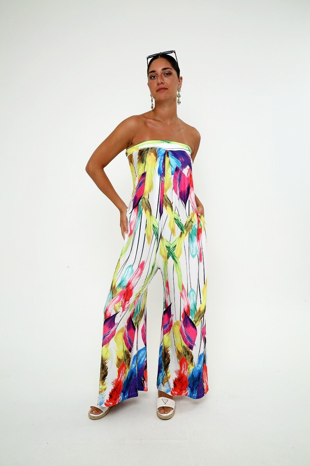 Women's Vibrant Strapless Wide-Leg Jumpsuit Colorful Feather Print