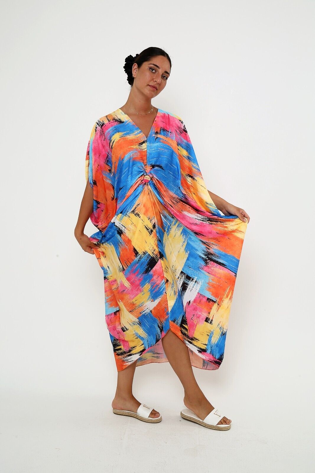 Women's Sunset Splash Multicolor Silk Kaftan , 3/4 sleeve dress