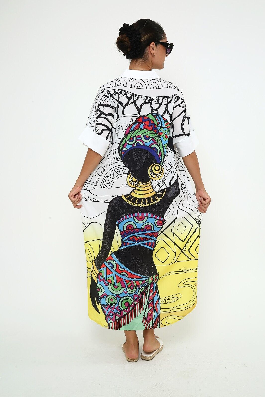 Women's Abstract African Art Print Shirt Dress - Oversized Viscose Kaftan