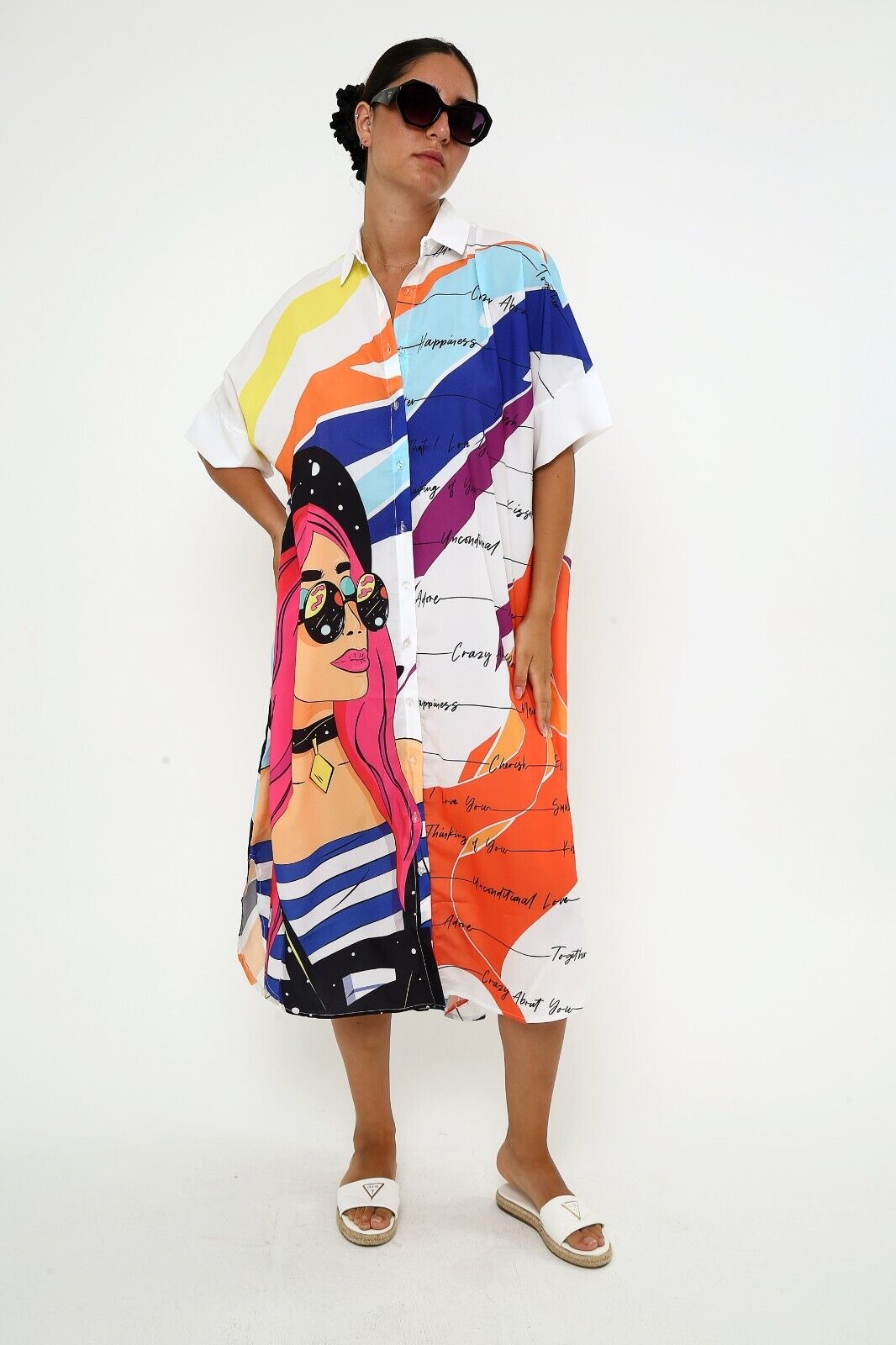 Women's Colorful Pop Art Shirt Dress - Oversized Graphic Viscose Kaftan