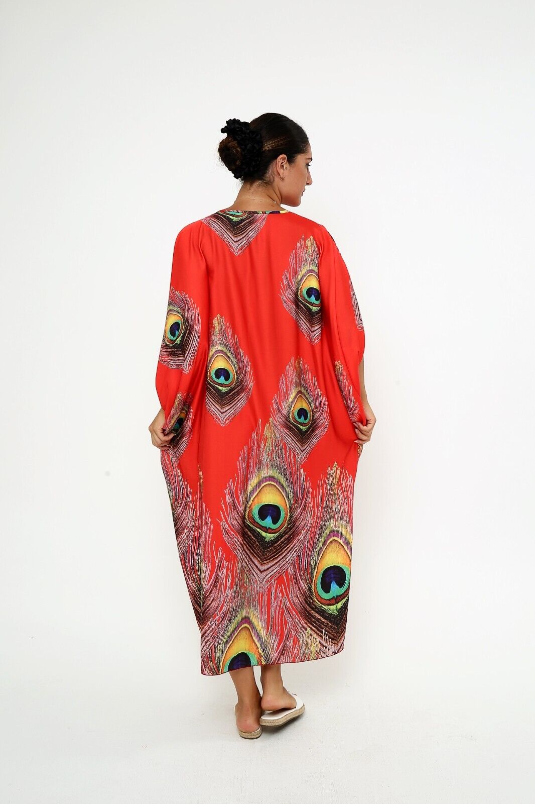 Women's Red Peacock Feather Silk Kaftan Dress 3/4 sleeve caftan dresses