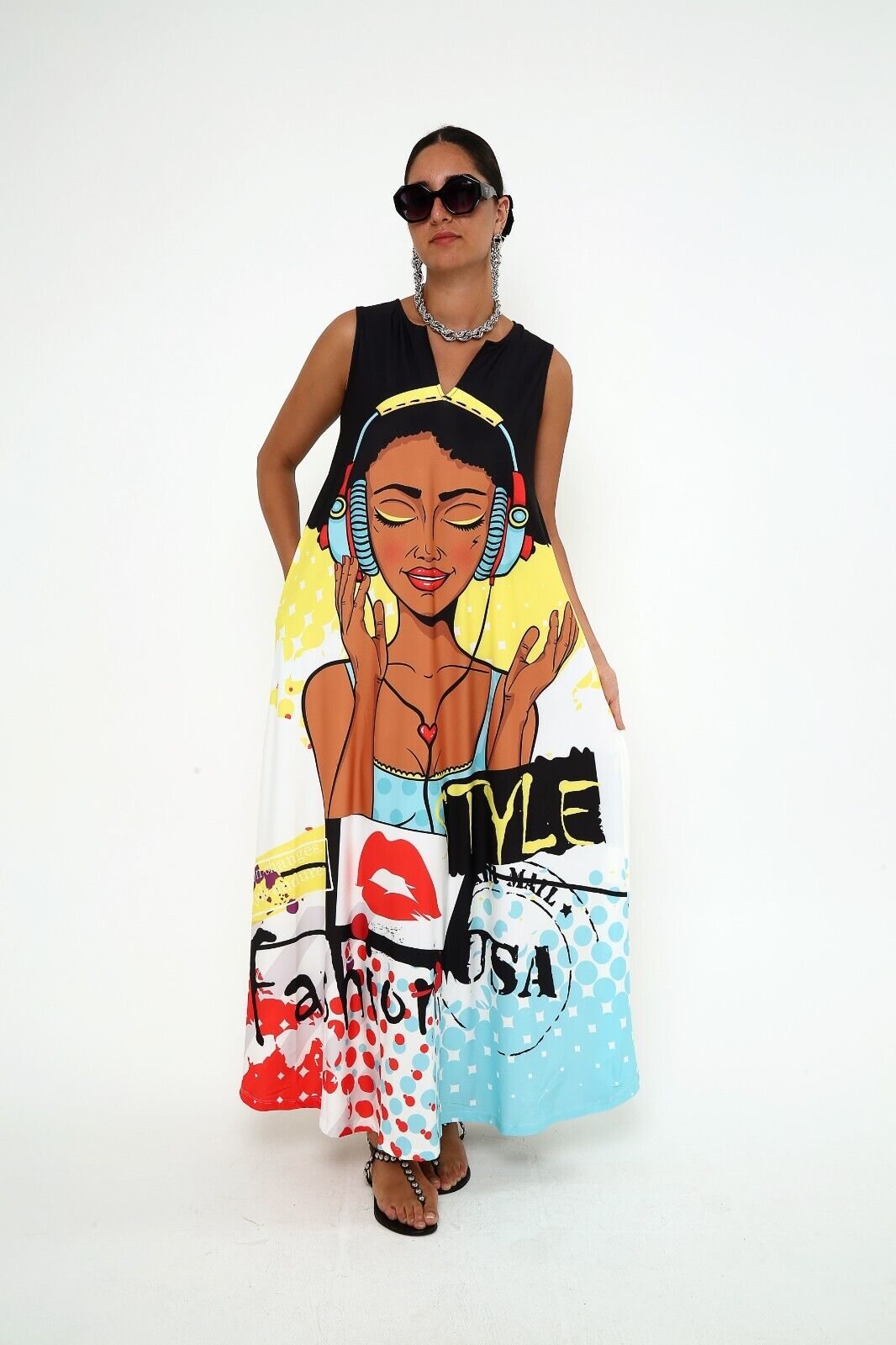 Women's Pop Art Music Vibes Viscose Sleeveless Black Maxi Dress With Pocket M