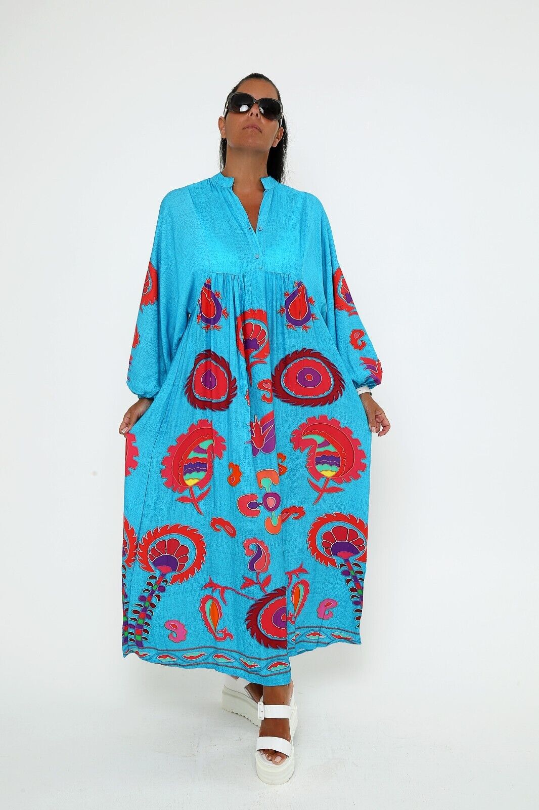 Women's Turquoise Boho Maxi Dress, Bold Paisley Print, Long Sleeve Viscose