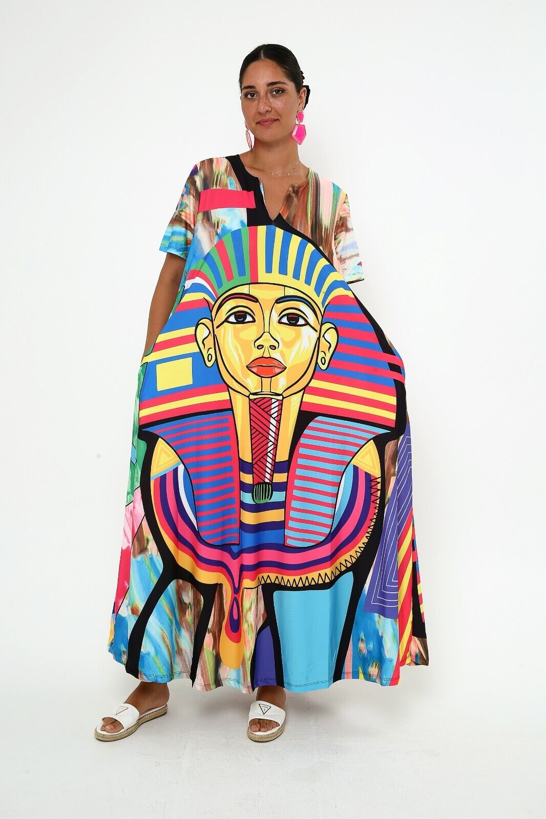 Women's Vibrant Egyptian Pharaoh Maxi Dress - Bold Colorful Print, Flowy Viscose