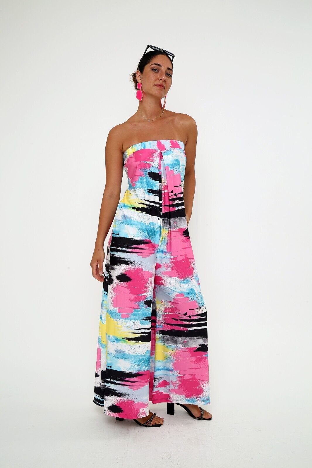 Women's Abstract Print Strapless Jumpsuit - Colorful Wide-Leg Viscose