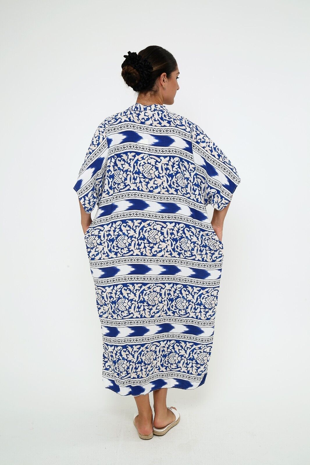 Women's Royal Blue Floral Stripe Kaftan Dress with Pocket