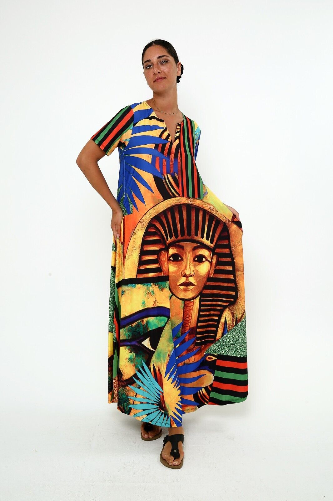 Women's Ancient Egyptian Pharaoh Graphic Maxi Dress ,Short Sleeve