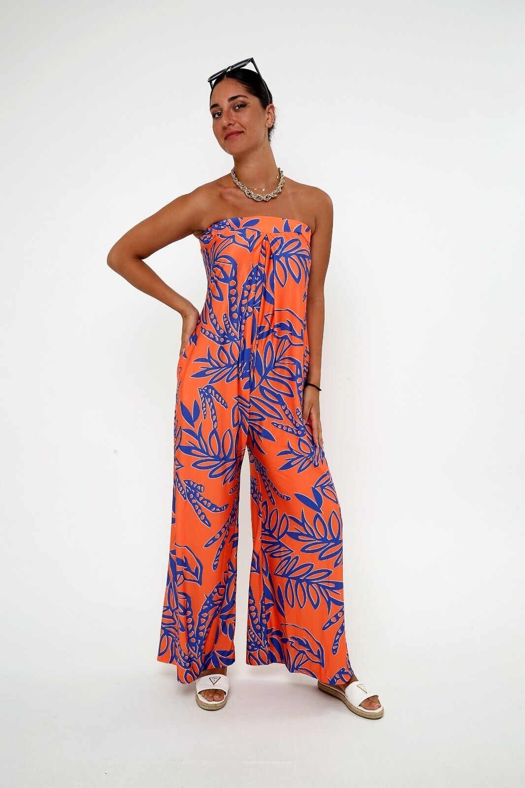 Women's Orange & Blue Tropical Strapless Wide Leg Jumpsuit with Side Pockets