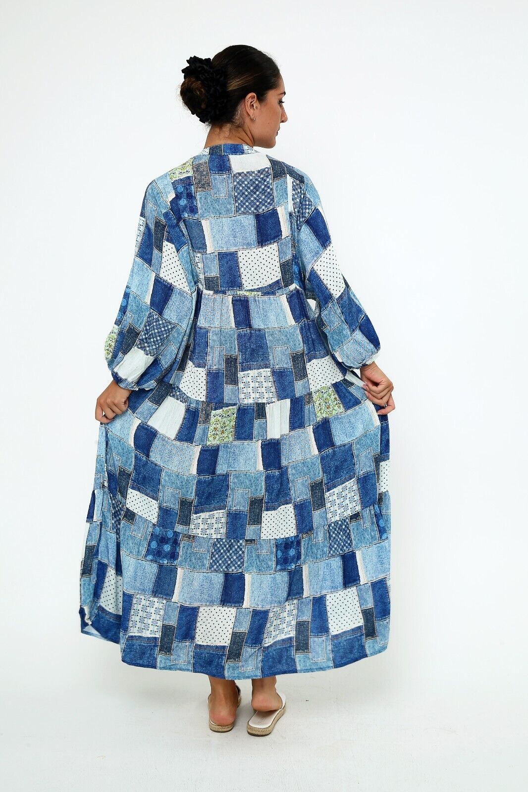 Women's Patchwork Denim-Print Maxi Dress - Boho Chic Viscose, Long Sleeve