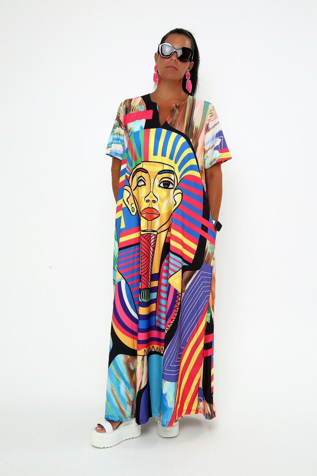 Women's Vibrant Egyptian Pharaoh Maxi Dress - Bold Colorful Print, Flowy Viscose