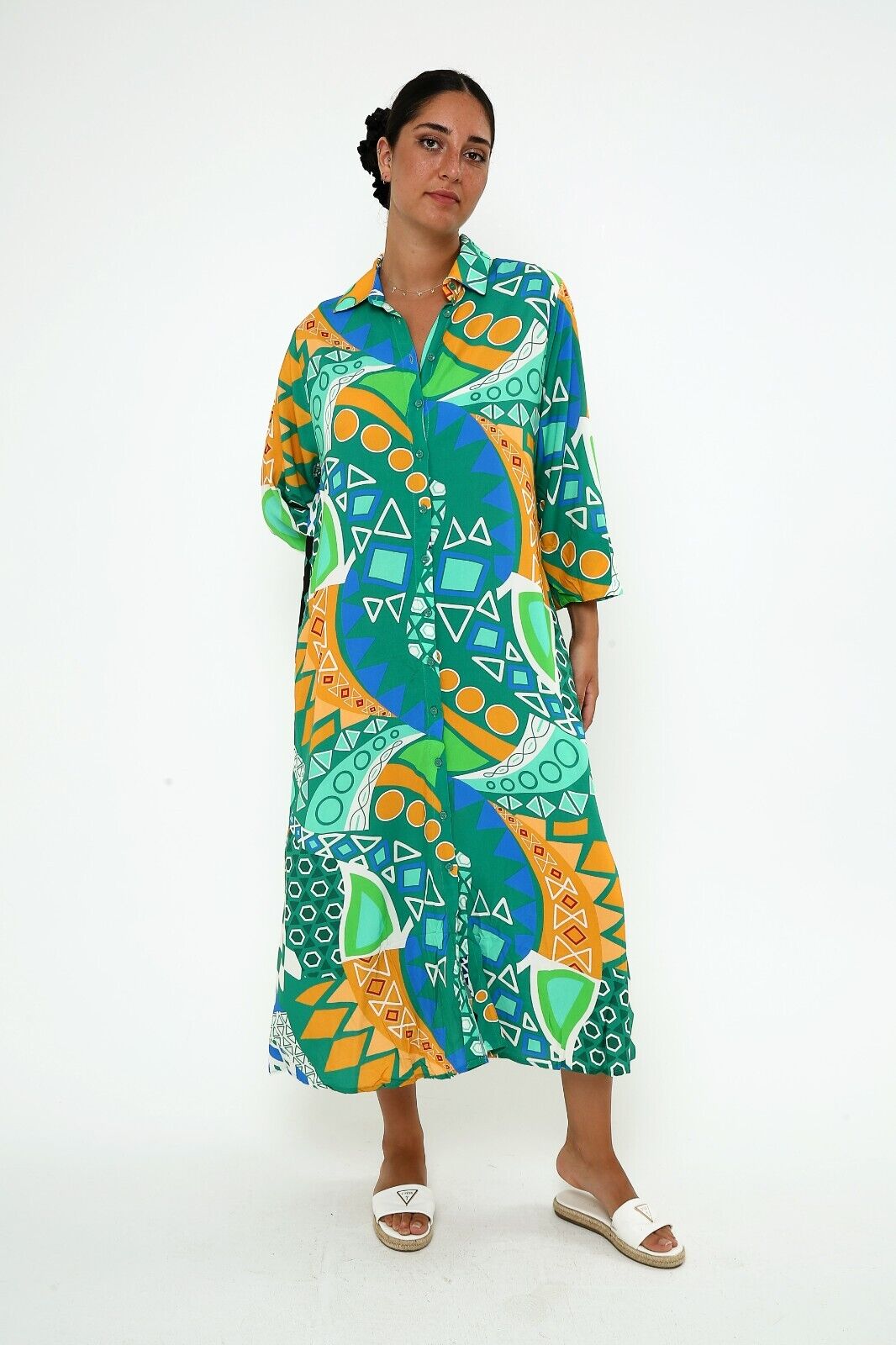 Women's Green & Orange Geometric Print Button-Down Viscose Maxi Shirt Dress