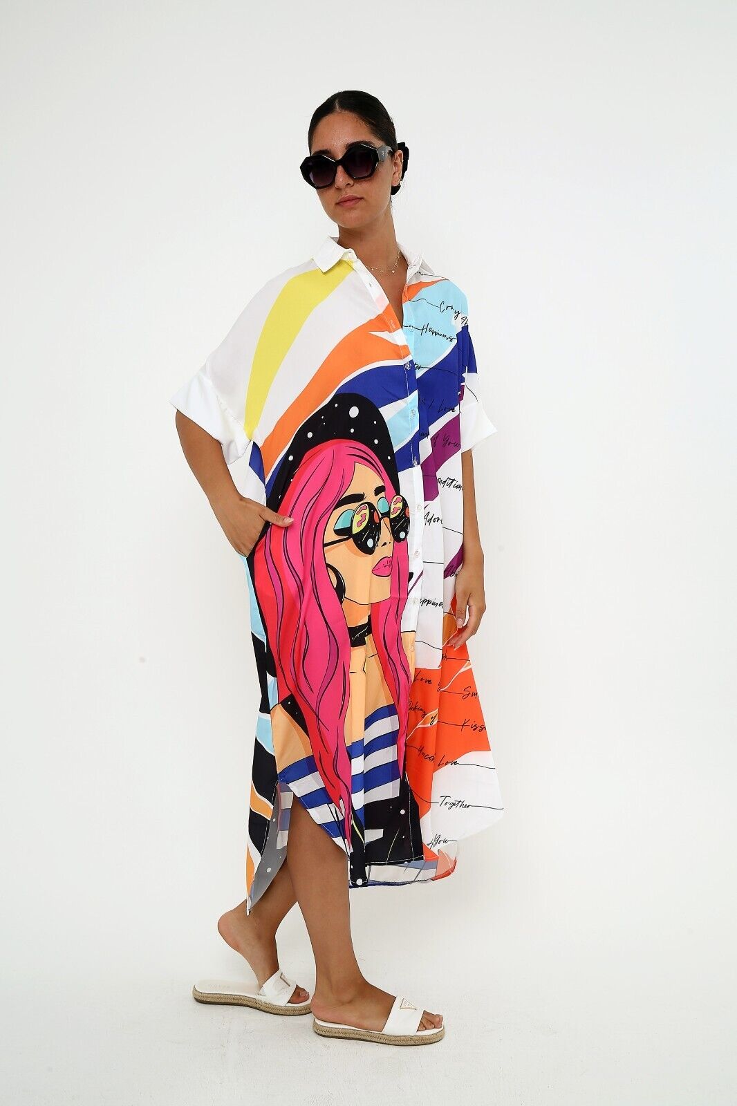 Women's Colorful Pop Art Shirt Dress - Oversized Graphic Viscose Kaftan