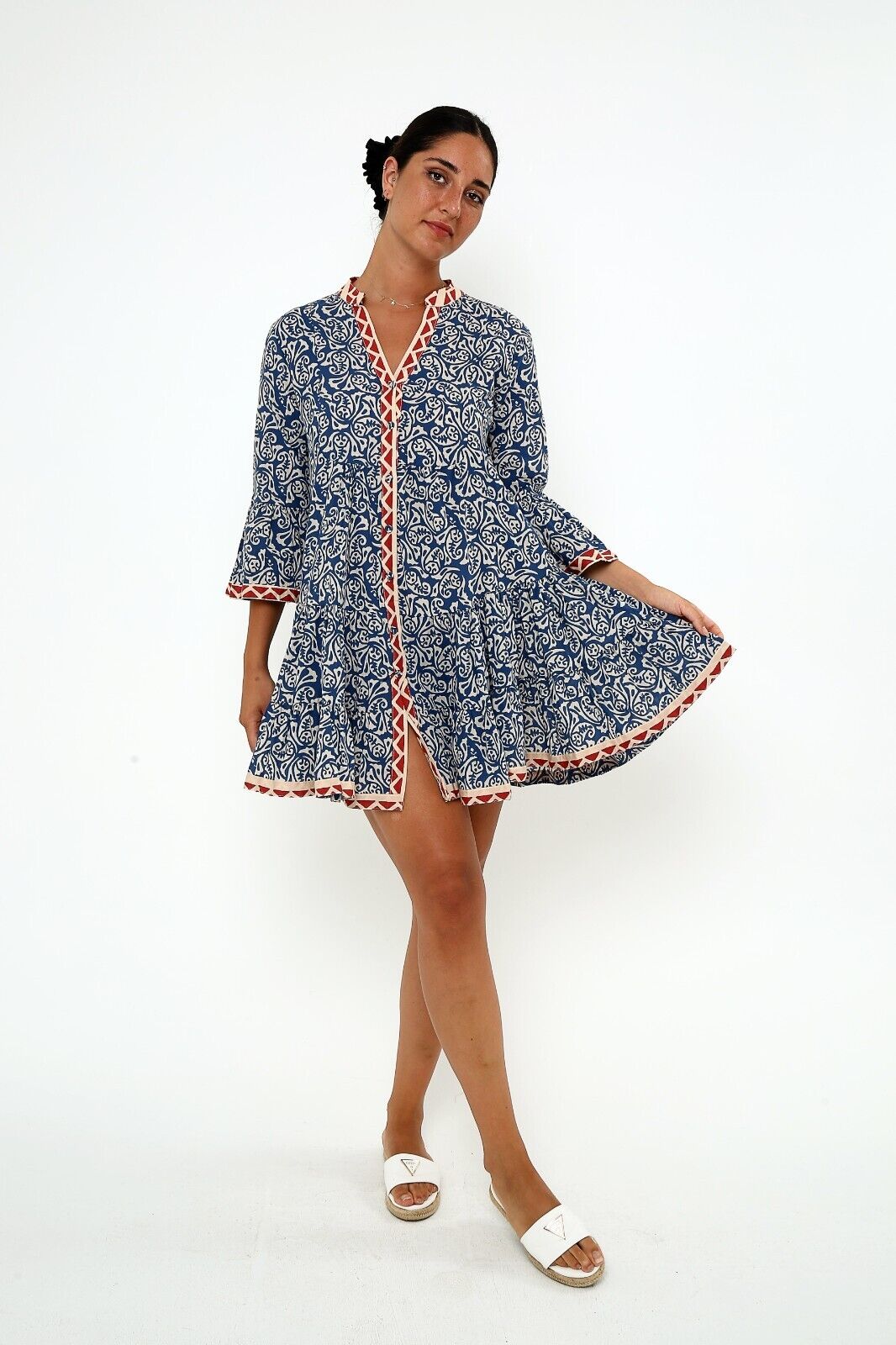 Women's Geometric Print Ruffle Hem Viscose A line Short Dress