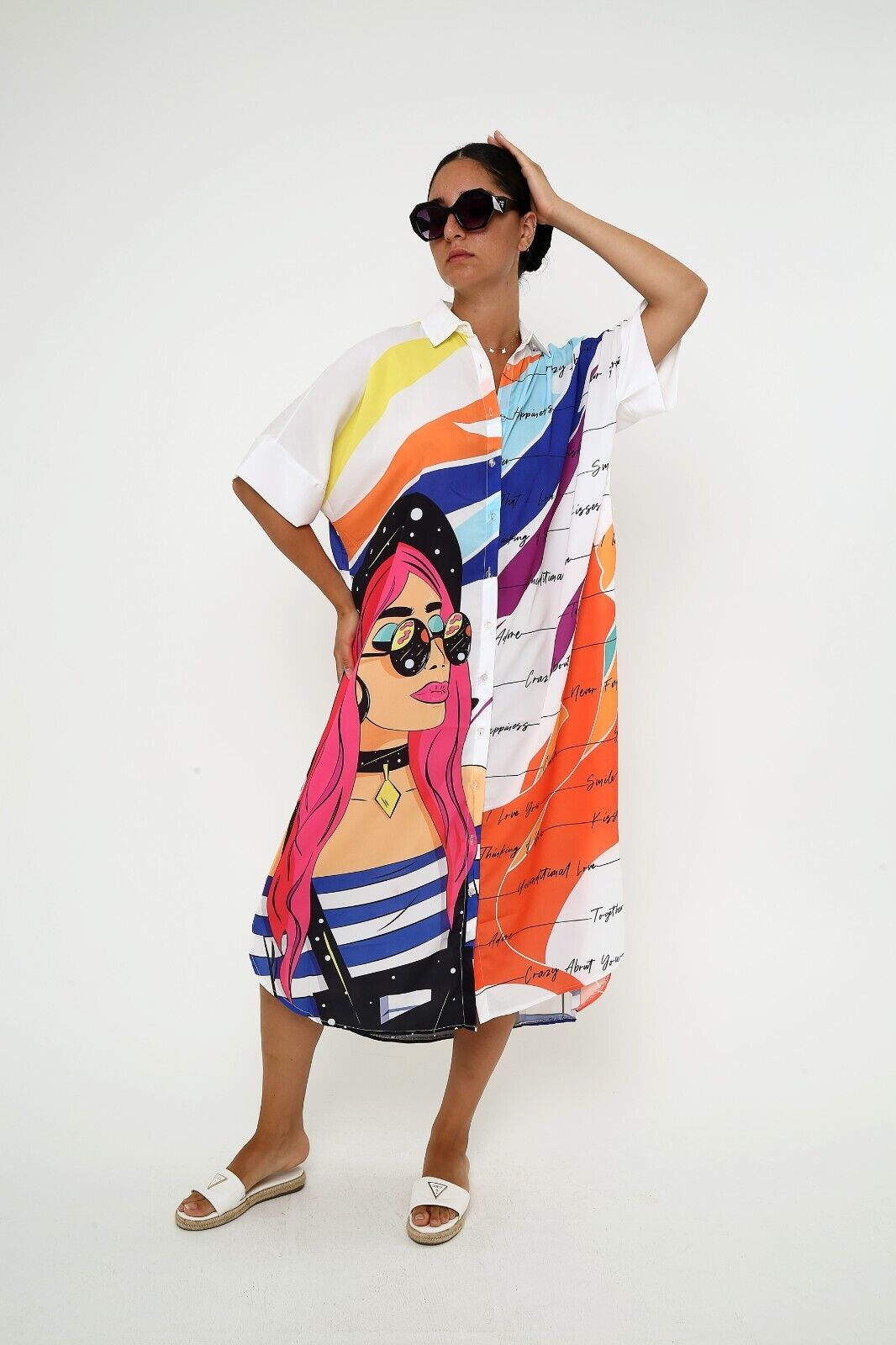 Women's Colorful Pop Art Shirt Dress - Oversized Graphic Viscose Kaftan