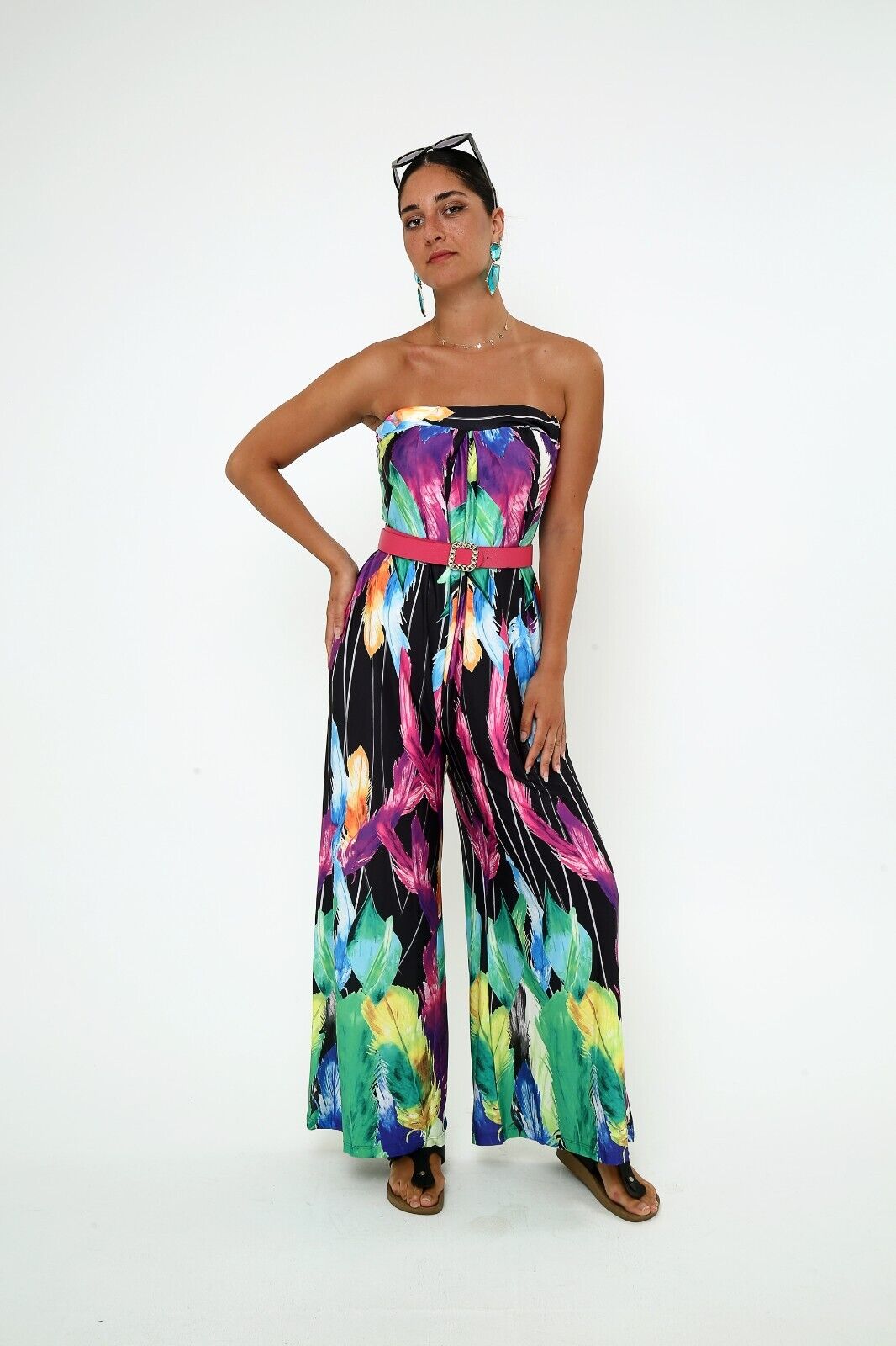 Women's Strapless Floral Jumpsuit ,Colorful Wide Leg with side pockets