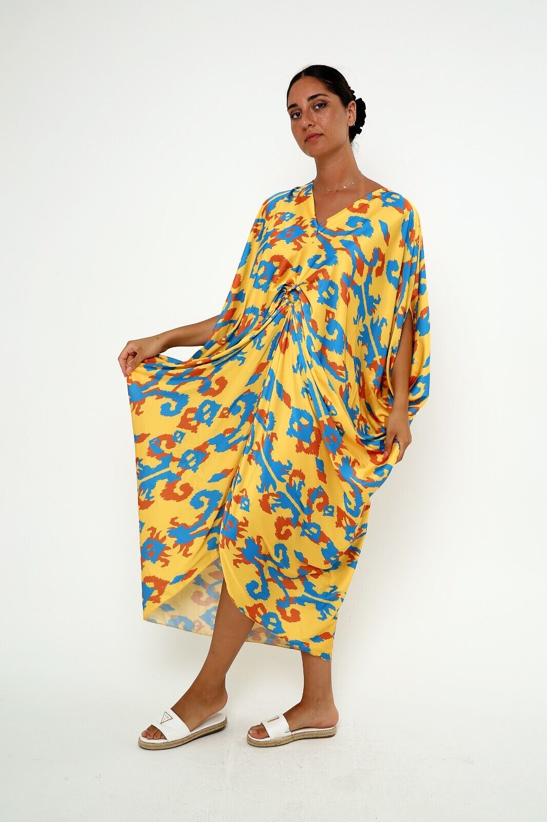 Women's Sunny Ikat Print Silk Kaftan Dress 3/4 sleeve caftan dress