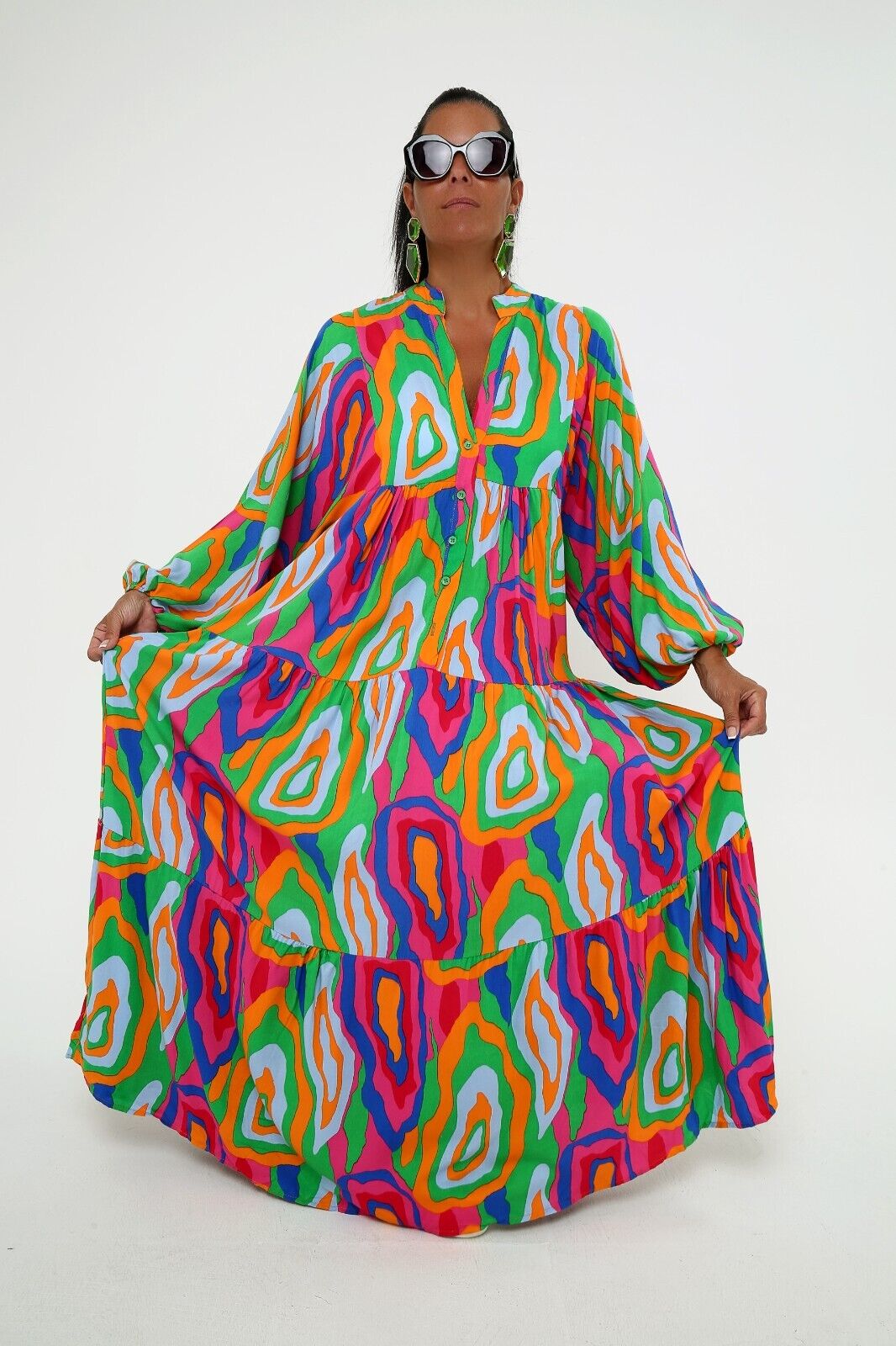 Women's Colorful Abstract Print Maxi Dress - Boho Tiered Viscose, Long Sleeve
