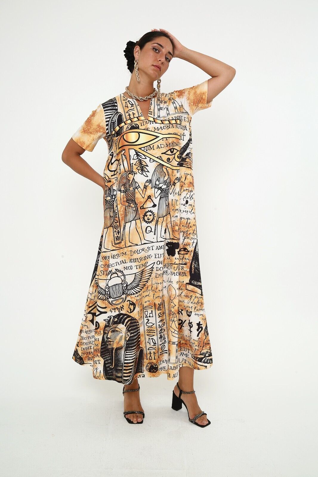 Women's Ancient Egyptian Script and Symbols Viscose Maxi Dress with Pocket