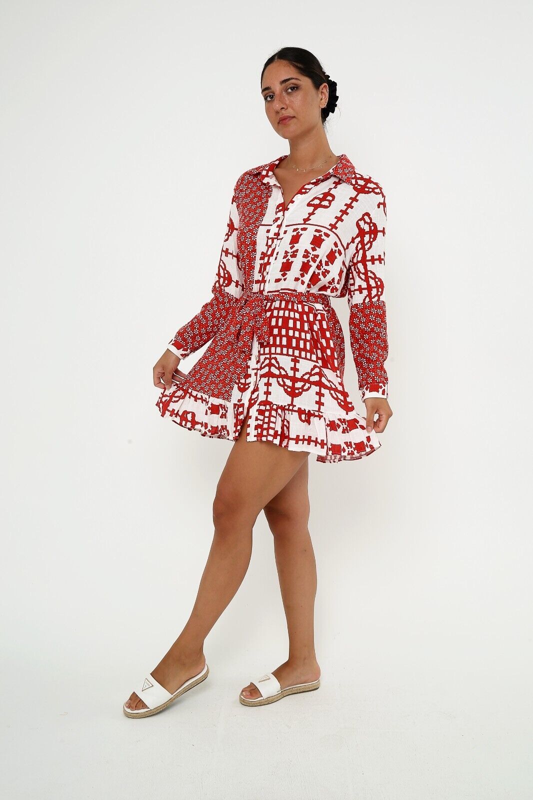 Women's Red and White Patchwork Linen A-Line Dress with Belt