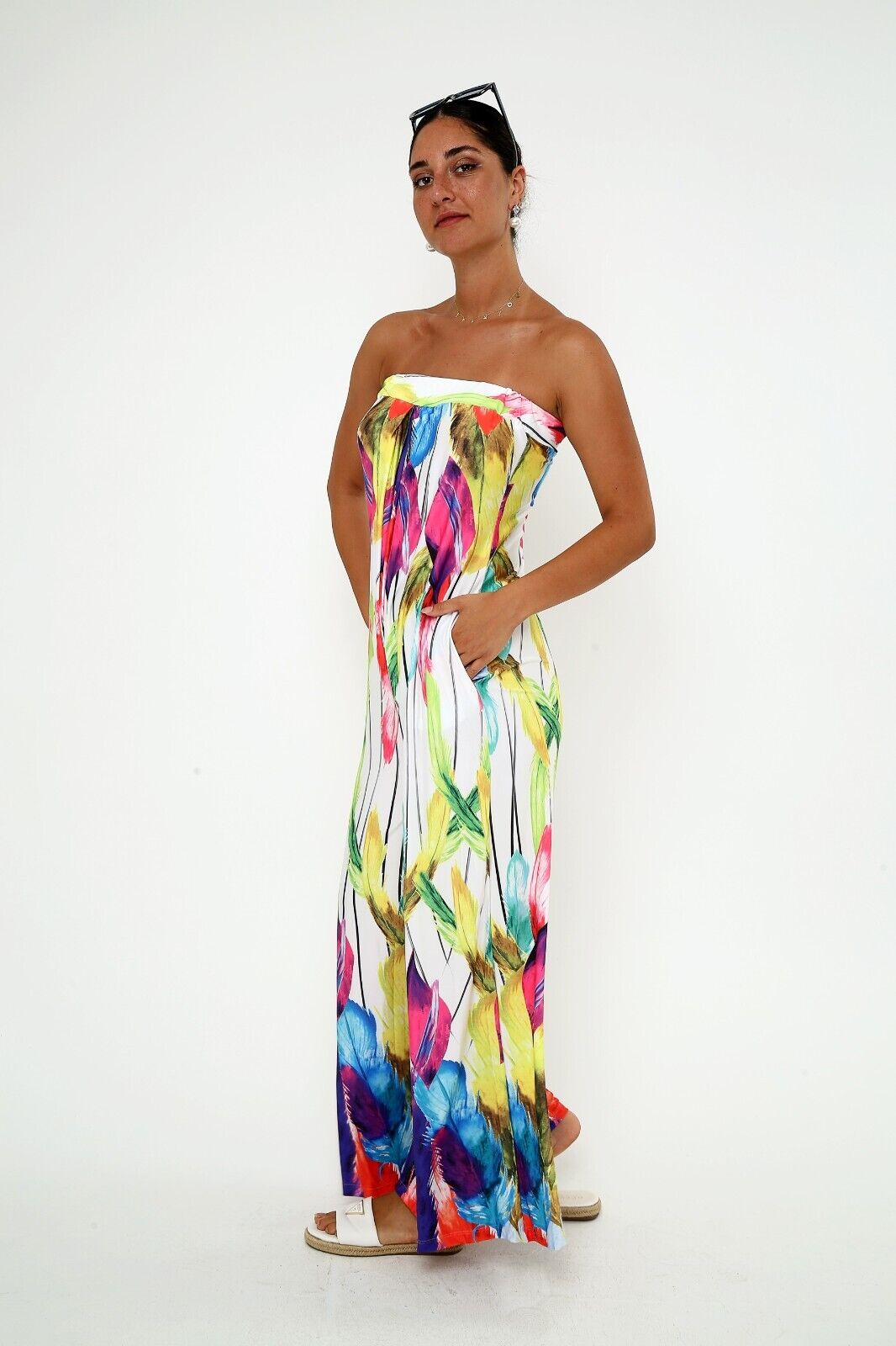 Women's Vibrant Strapless Wide-Leg Jumpsuit Colorful Feather Print, Viscose