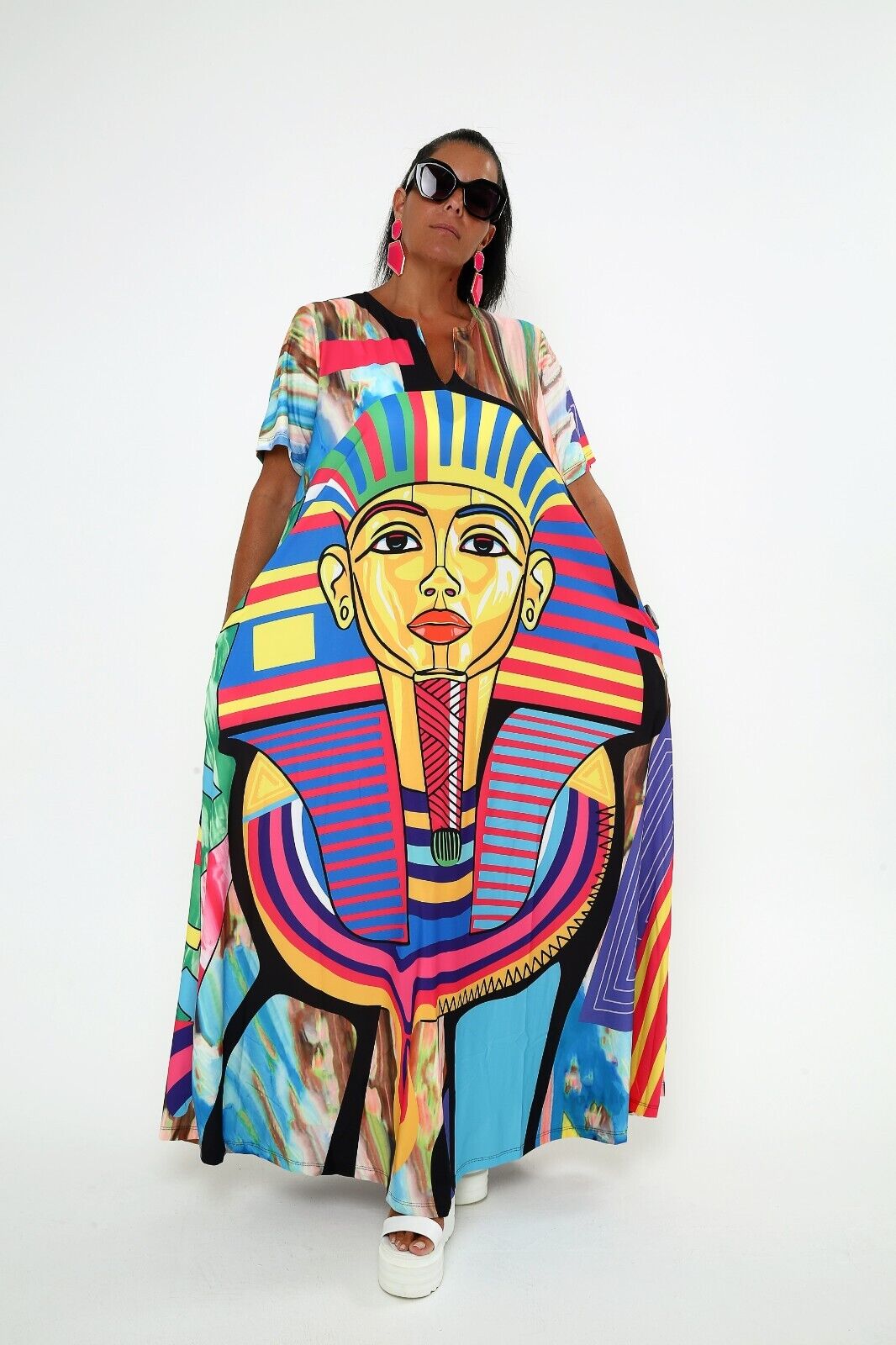 Women's Vibrant Egyptian Pharaoh Maxi Dress - Bold Colorful Print, Flowy Viscose