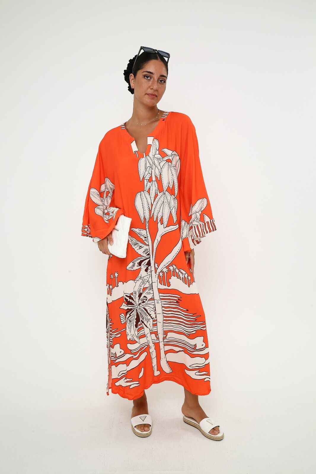 Women's Batwing Bold Orange Kaftan Dress - Tropical Print Viscose