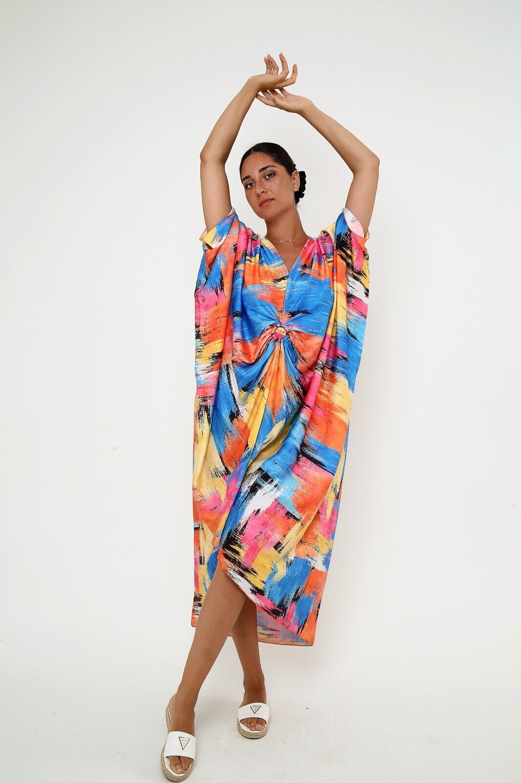 Women's Sunset Splash Multicolor Silk Kaftan , 3/4 sleeve dress