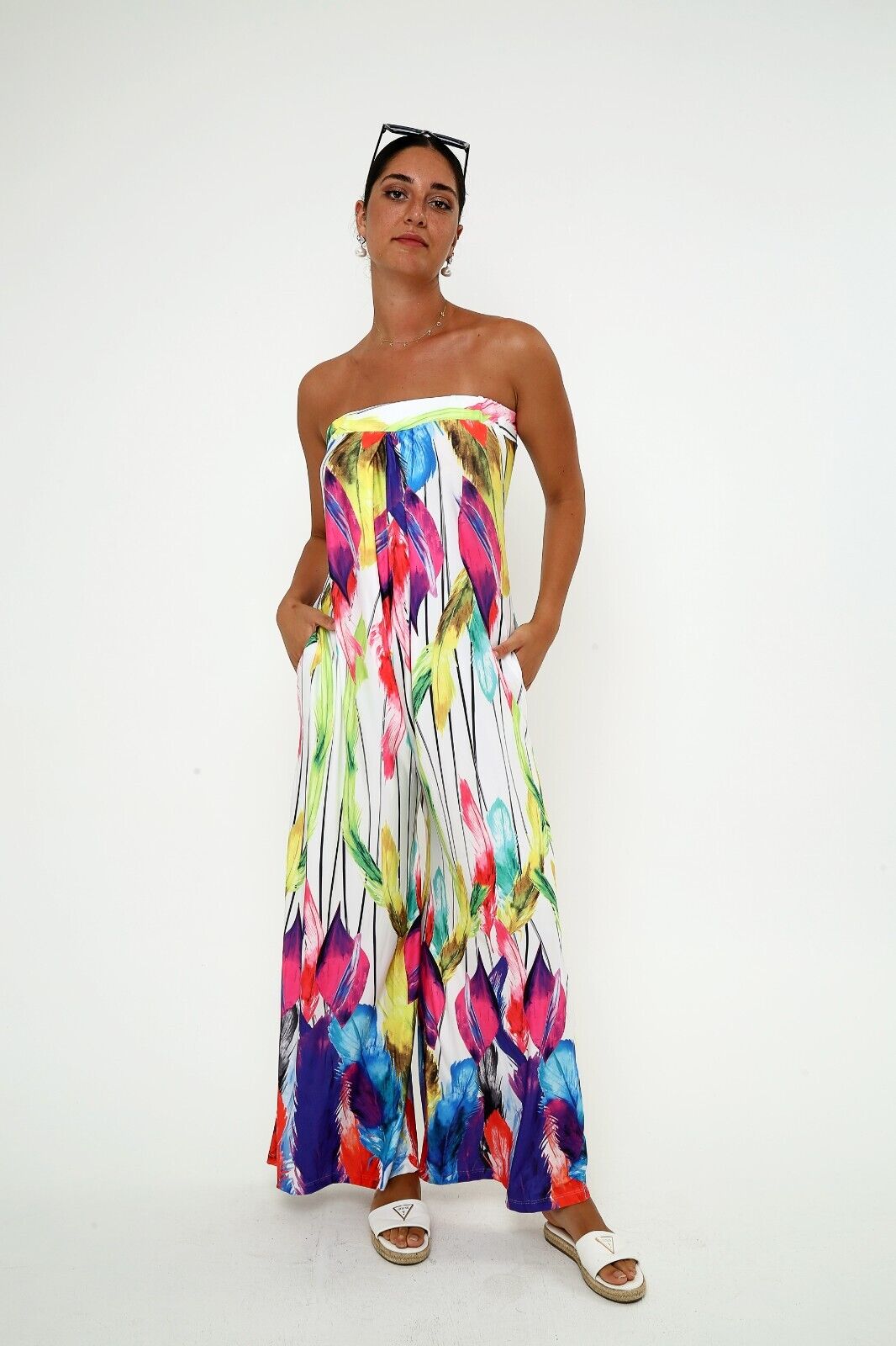 Women's Vibrant Strapless Wide-Leg Jumpsuit Colorful Feather Print, Viscose