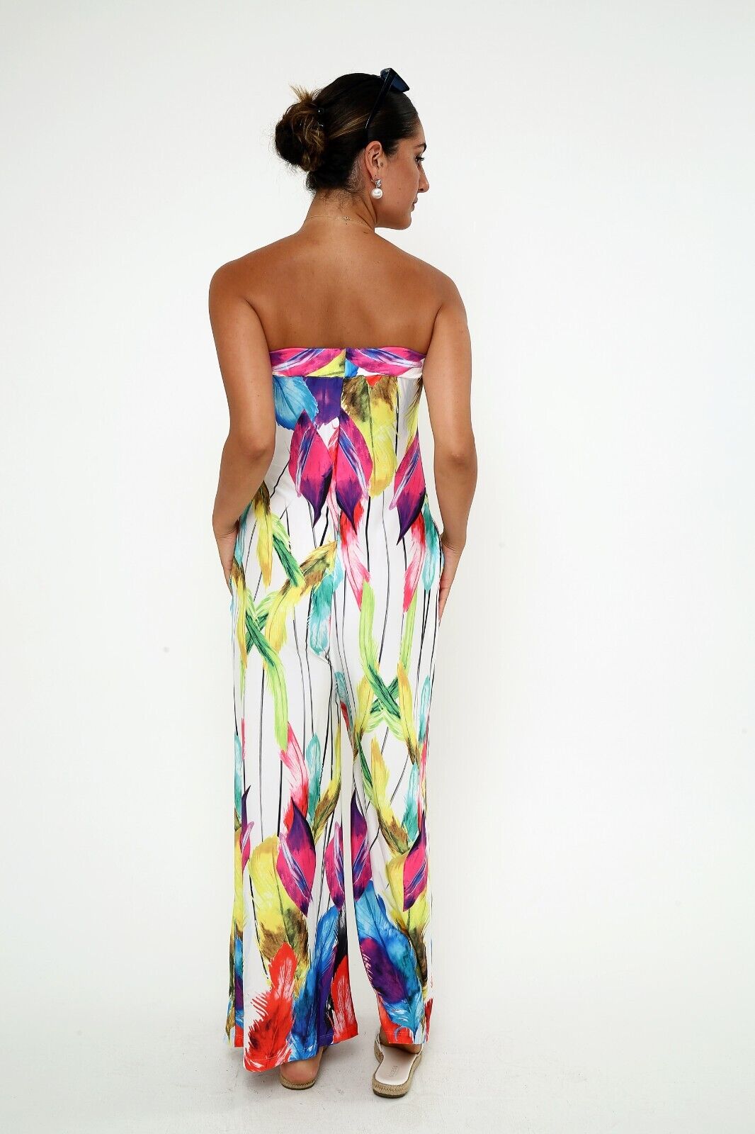 Women's Vibrant Strapless Wide-Leg Jumpsuit Colorful Feather Print, Viscose