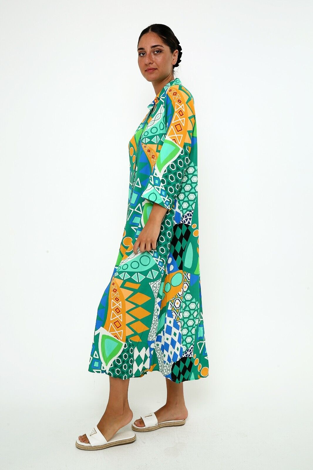 Women's Green & Orange Geometric Print Button-Down Viscose Maxi Shirt Dress