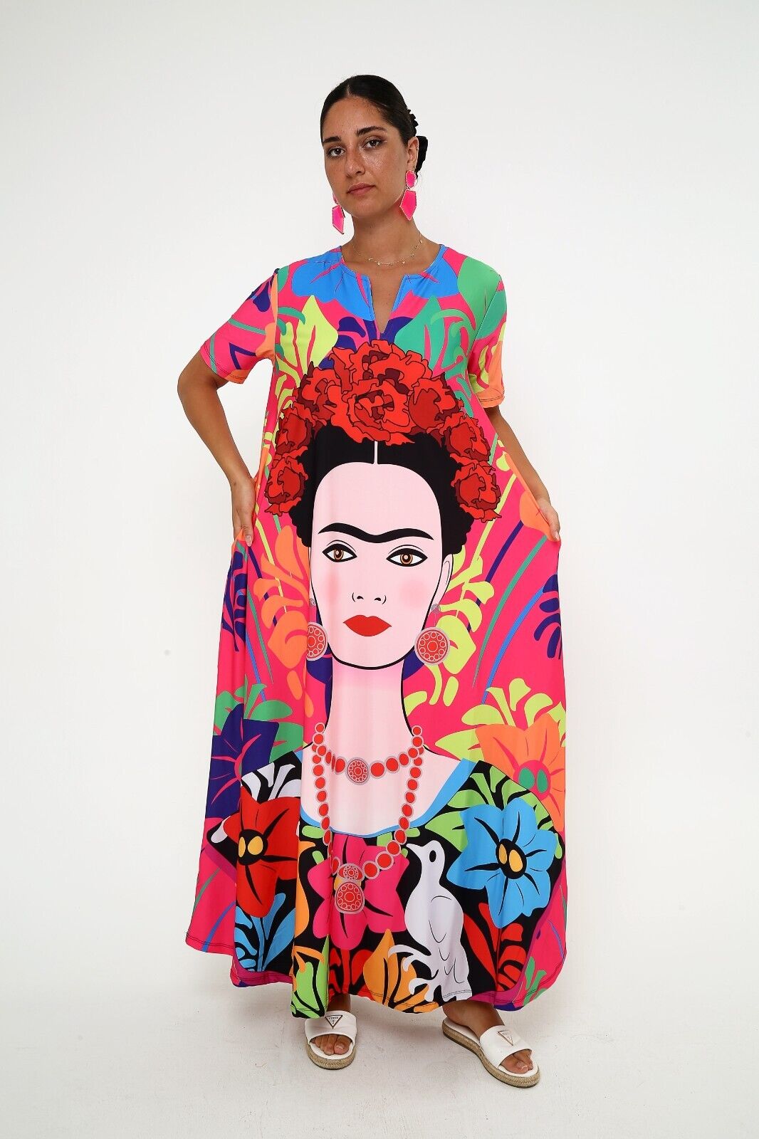 Women's Vibrant Frida Kahlo Maxi Dress with Bold Floral Design
