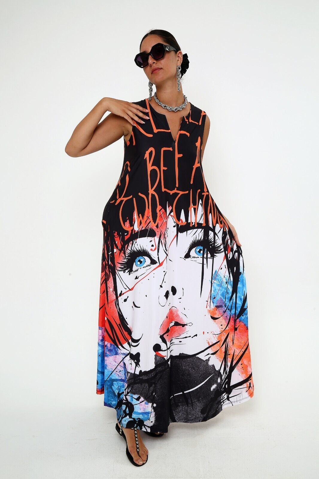 Women's Pop Art Expression Sleeveless Black Maxi Dress With Pocket XL