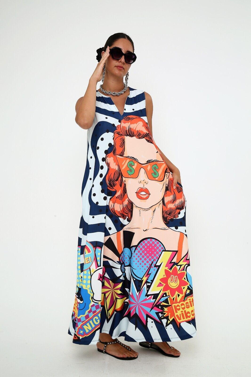 Women's Pop Art Vibes Viscose Sleeveless Maxi Dress With Pocket