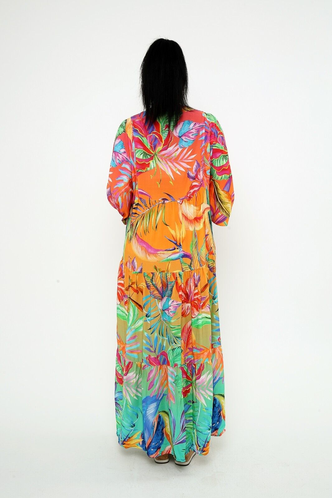 Women's Tropical Print Maxi Dress Bright Floral Boho Viscose ,Tiered Long Sleeve