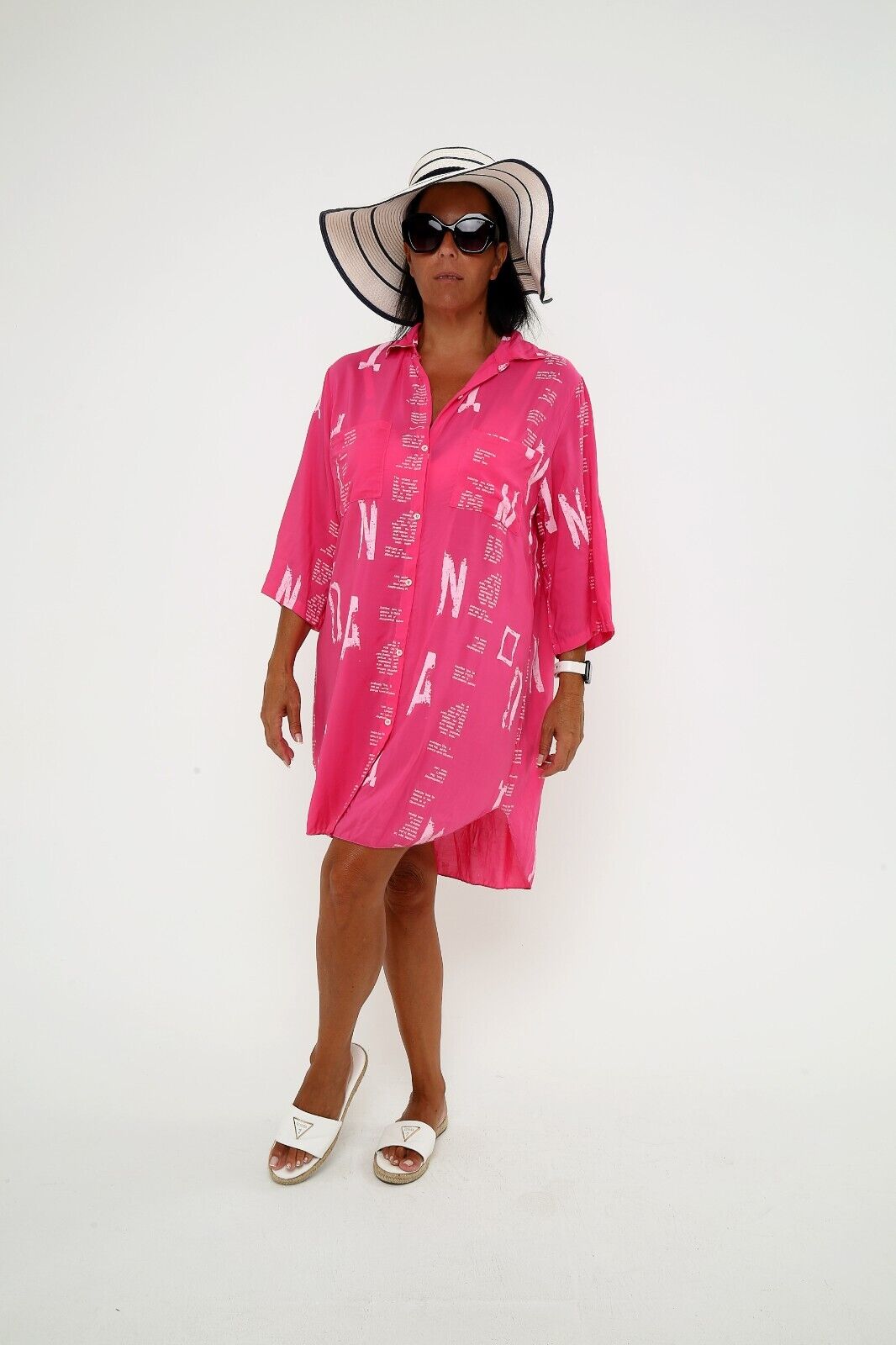 Women's Bright Pink Button Down Shirt Dress Casual Viscose Tunic, Graphic Print