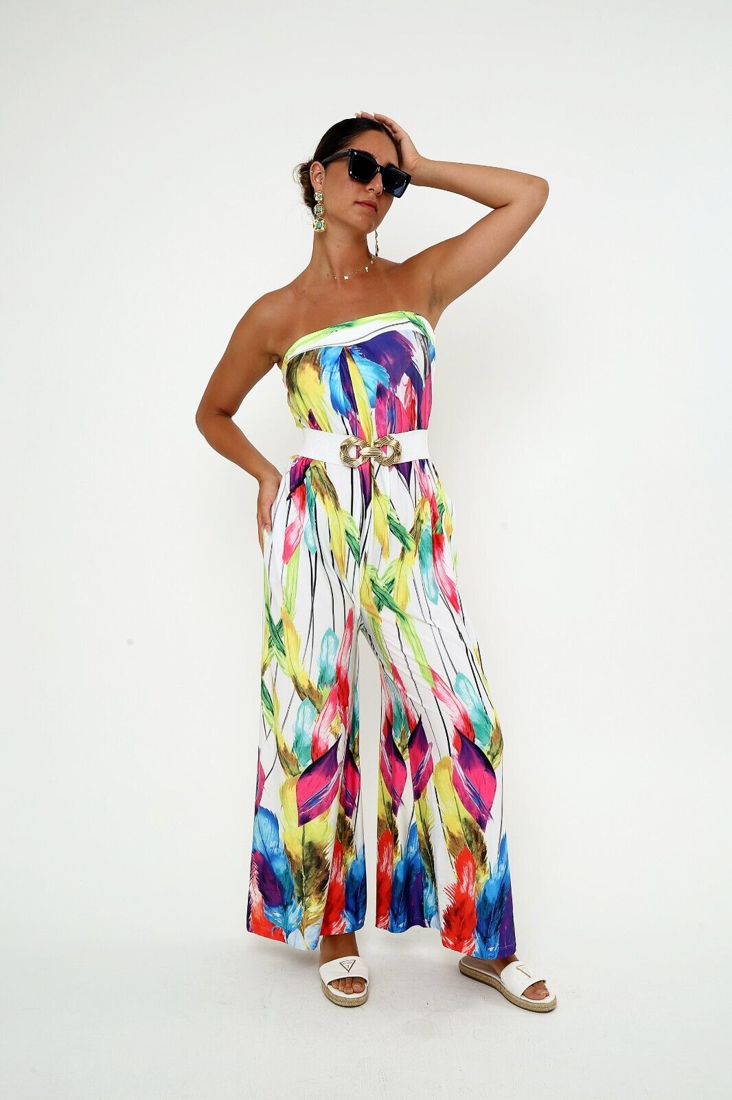 Women's Vibrant Strapless Wide-Leg Jumpsuit Colorful Feather Print