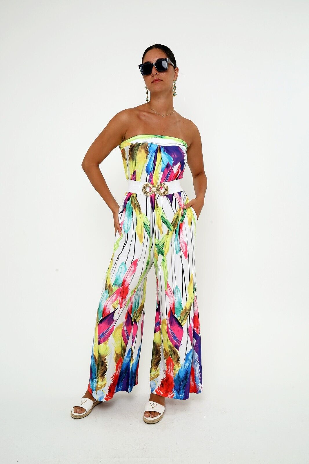 Women's Vibrant Strapless Wide-Leg Jumpsuit Colorful Feather Print