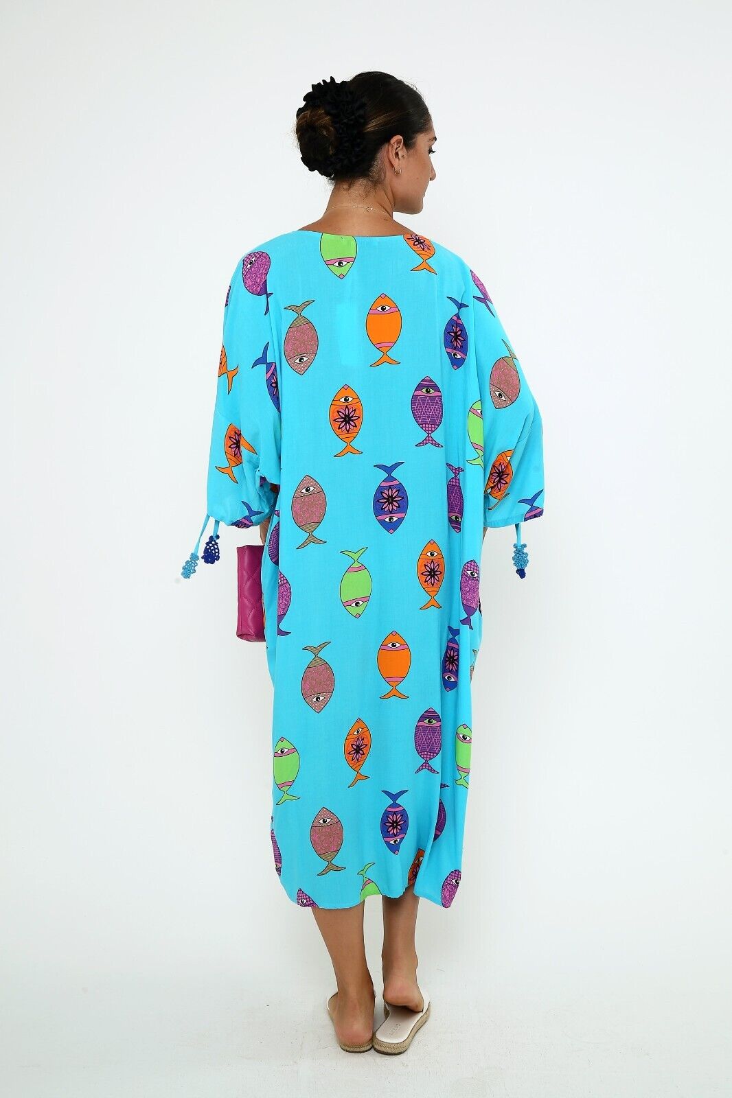 Women's Bright Blue Fish Print Maxi Dress - Button-Down Viscose Kaftan