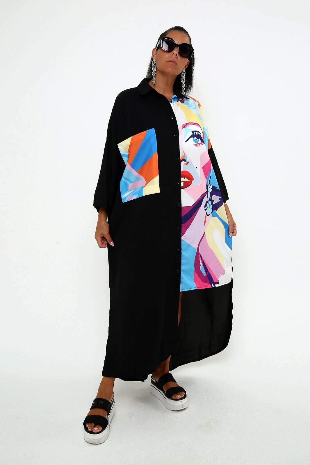 Women's Pop Art Print Shirt Dress ,Colorful Portrait Design, Long shirt dress