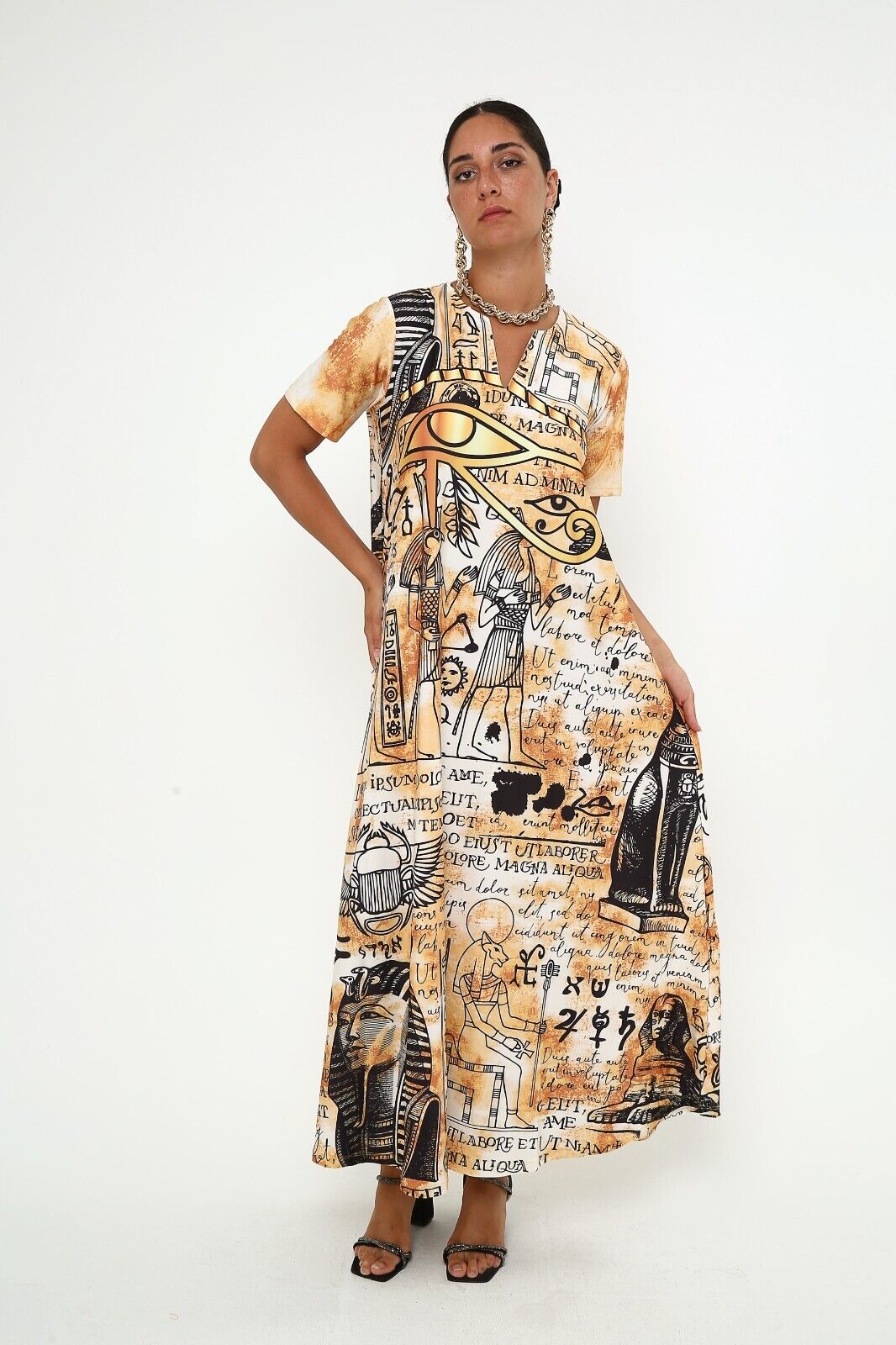 Women's Ancient Egyptian Script and Symbols Viscose Maxi Dress with Pocket